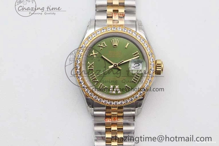 1219 Bright Lady DateJust 28 SS YG TWF Diamonds Bezel 1:1 Best Edition Green Dial Roman Markers on Jubilee Bracelet NH 2135